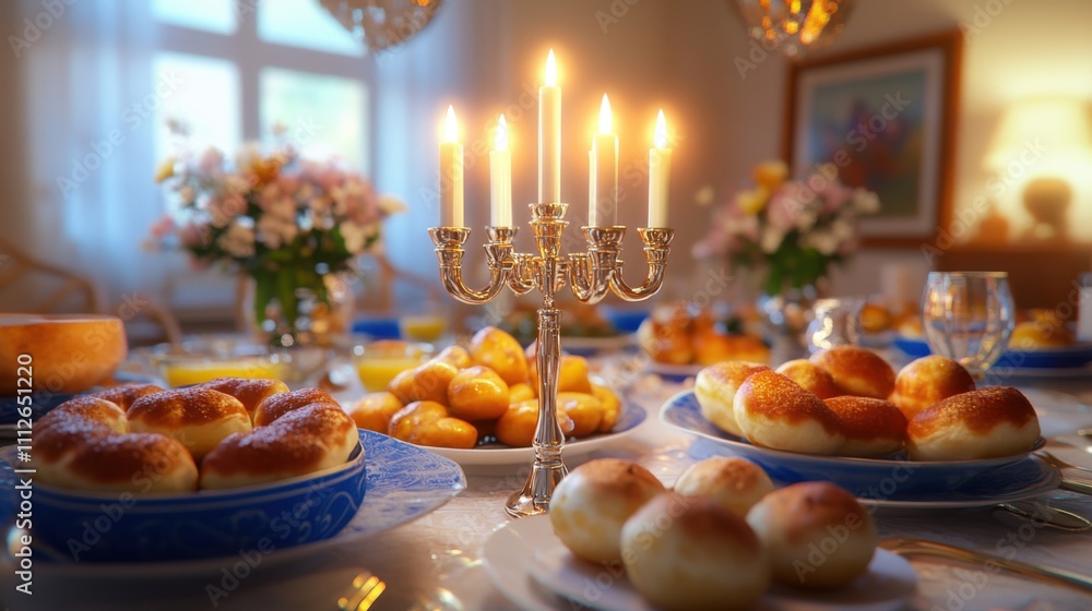 Elegant Candlelit Dinner Table Setting with Bread Rolls and Floral Arrangements. Hanukkah festive celebration concept Elegant Candlelit Dinner Table Setting with Bread Rolls and Floral Arrangements. Hanukkah festive celebration concept