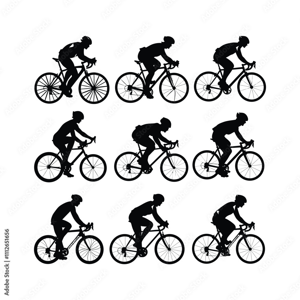 Fototapeta premium Cyclist Ride Cycle Silhouettes set Clipart on a white Background