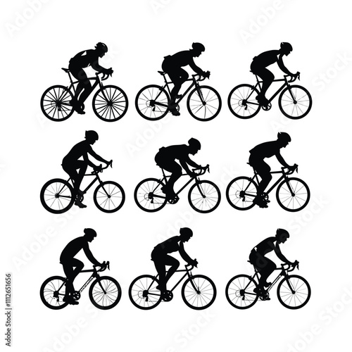 Cyclist Ride Cycle Silhouettes set Clipart on a white Background