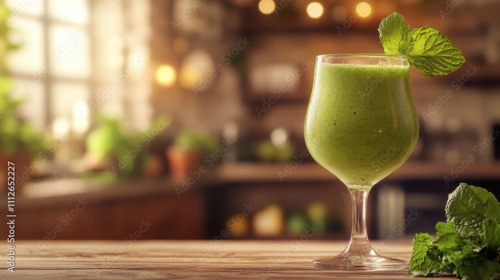 Refreshing Green Smoothie with Mint in Cozy Kitchen. Non-alcoholic month. Dry January is public health campaign Refreshing Green Smoothie with Mint in Cozy Kitchen. Non-alcoholic month. Dry January is public health campaign