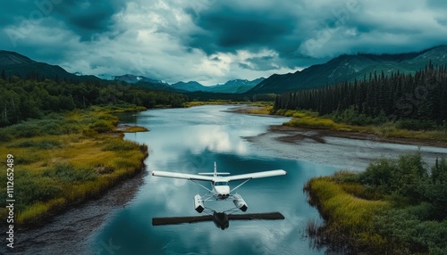 Wallpaper Mural A Scenic View of a Floatplane Landing on a Tranquil River Surrounded by Lush Green Forests and Majestic Mountains Under a Dramatic Cloudy Sky Torontodigital.ca