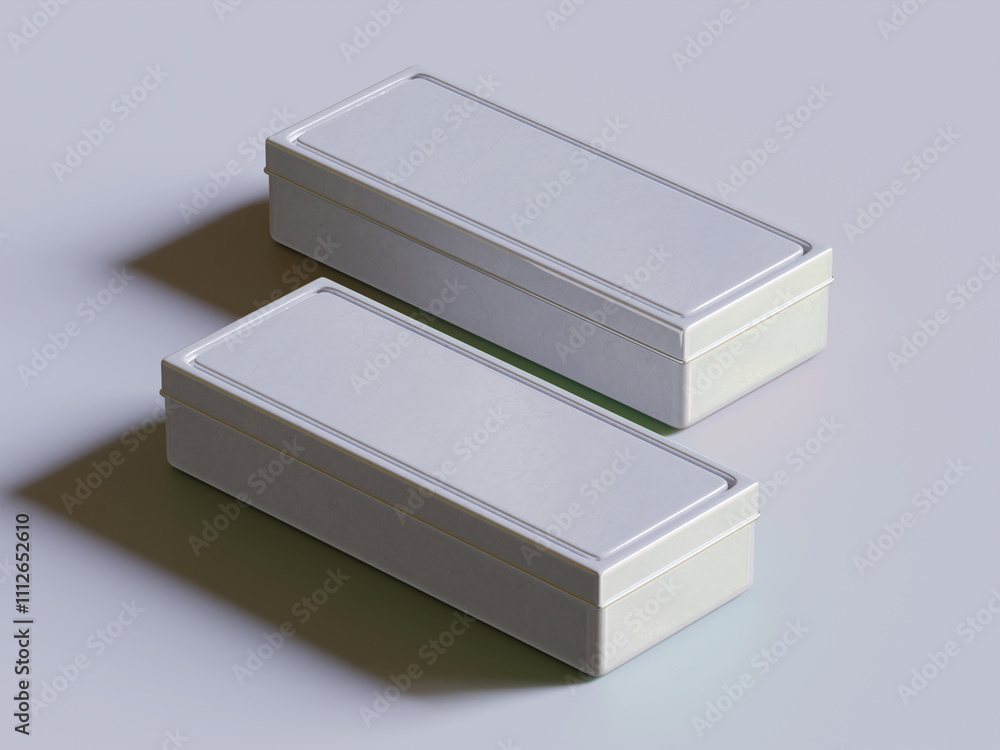 Tea tin square packaging white color on gray background Tea tin square packaging white color on gray background
