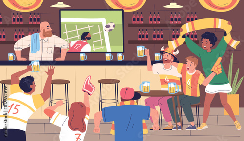 Football fans bar. Soccer fan supporters watching tv match game and drink alcohol in sport club restaurant or beer pub, people celebrating cheering goal classy vector illustration