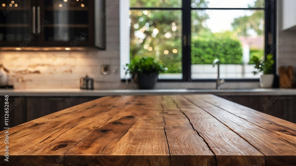 empty beautiful wood table top and blue bokeh modern kitchen interior background in clean and bright empty beautiful wood table top and blue bokeh modern kitchen interior background in clean and bright
