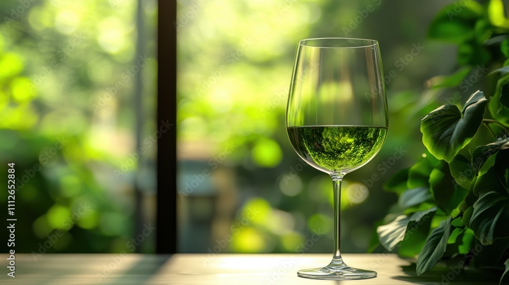 Wine Glass with Green Drink in Nature Background. Non-alcoholic month. Dry January is public health campaign Wine Glass with Green Drink in Nature Background. Non-alcoholic month. Dry January is public health campaign