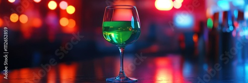 Vibrant Green Nonalcoholic Cocktail in a Dimly Lit Bar Setting for Nightlife Concepts. Non-alcoholic month. Dry January is public health campaign