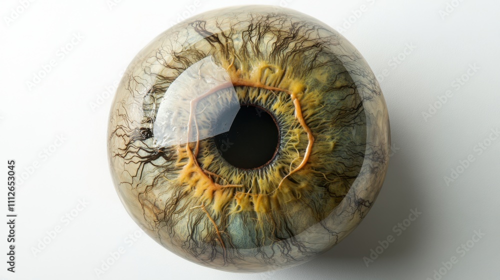 Single eyeball organ, bright and vivid, displayed against plain white, highlighting veins and iris details Single eyeball organ, bright and vivid, displayed against plain white, highlighting veins and iris details