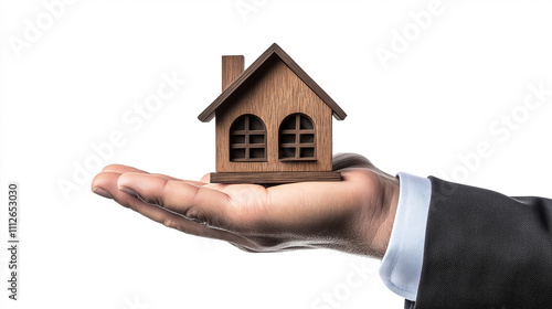 Male hand holding small model of house on white background with copy space. Real estate agent representing home ownership and real estate business. Concept of insurance, housewarming, construction