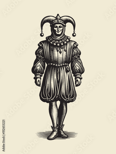 Vintage illustration of a medieval jester in traditional attire with a detailed and ornate design, featuring a jesting hat, puffed sleeves, and tights. Perfect for historical or artistic projects