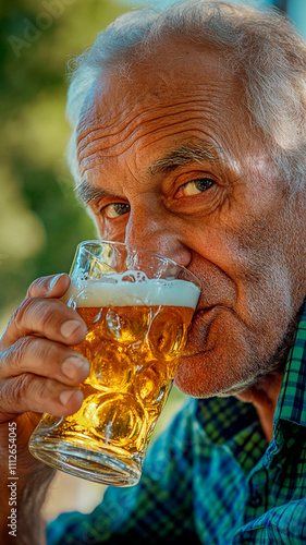 Close-up of an elderly man drinking beer from a glass, wearing a blue and green checkered shirt, on a sunny day at a summer festival in Karpaz, Northern Cyprus. photo