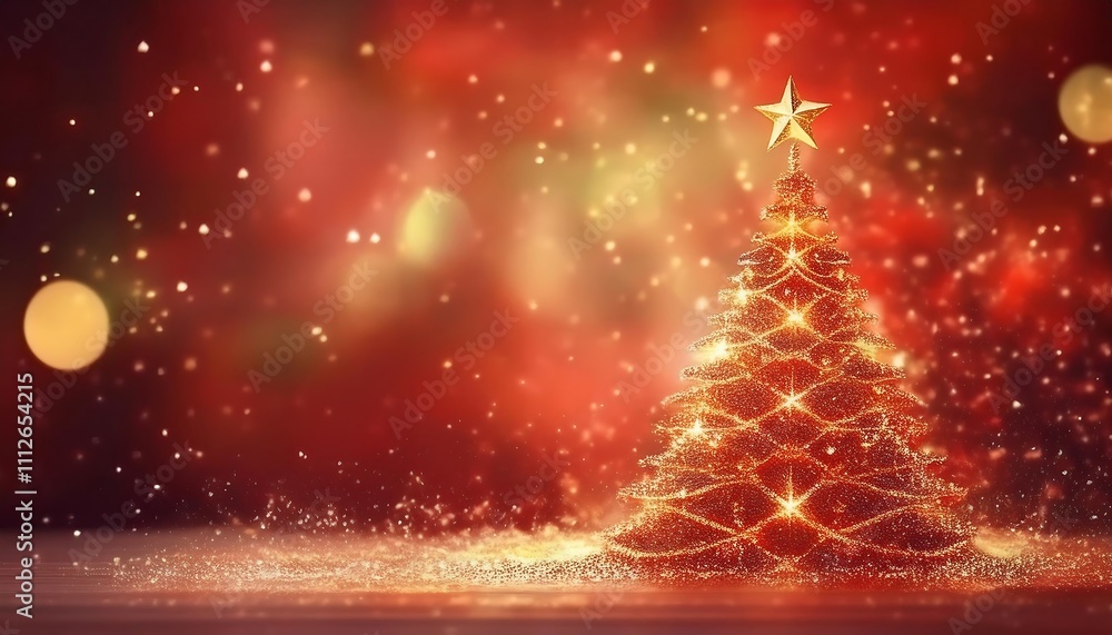 Naklejka premium Christmas tree, holiday decorations, sparkling lights, festive atmosphere, glowing stars, winter scene, warm colors, celebration This enchanting image features a beautifully lit Christmas tree