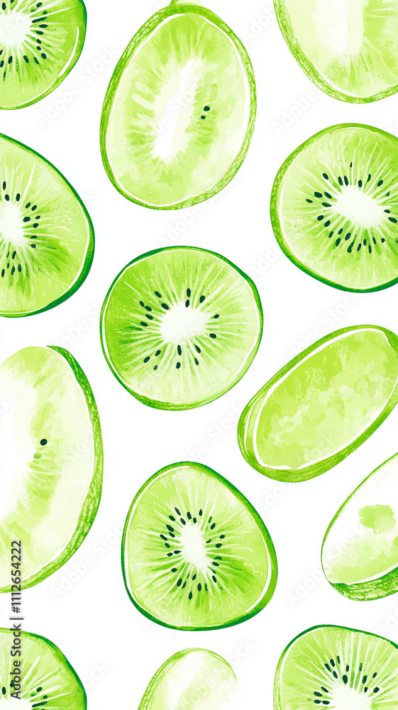 Fototapeta premium Kiwi slices pattern on a white background, high-resolution stock photography, textured image.