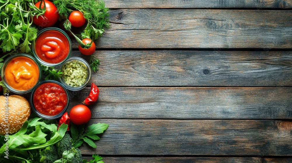 Top view of various fast foods, sauces, and sides on a rustic wooden table, vibrant colors and textures Top view of various fast foods, sauces, and sides on a rustic wooden table, vibrant colors and textures
