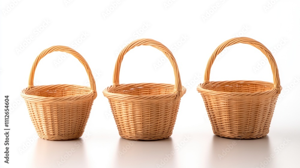 Crafted wicker baskets showcasing intricate design and timeless elegance against a pure white backdrop Crafted wicker baskets showcasing intricate design and timeless elegance against a pure white backdrop