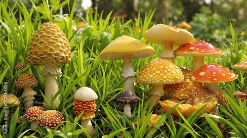 Assorted wild mushrooms growing among blades of grass in the natural habitat, mycelial mat, mycorrhizal relationship photo