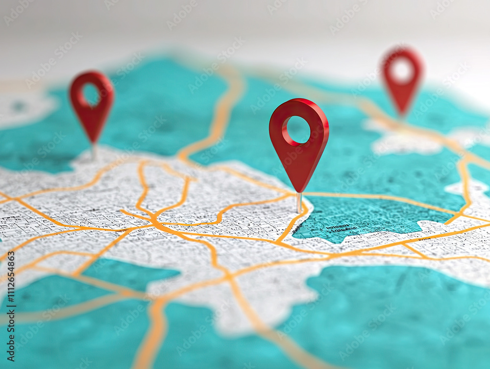 detailed map with red location pins indicating specific points of interest, showcasing vibrant colors and clear road markings. image conveys sense of exploration and navigation detailed map with red location pins indicating specific points of interest, showcasing vibrant colors and clear road markings. image conveys sense of exploration and navigation