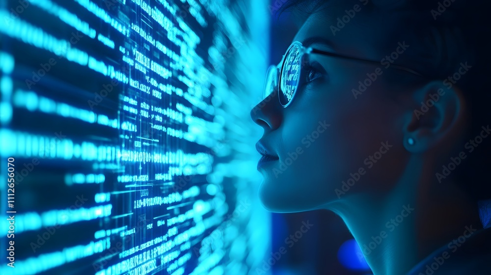 Intrigued Analyst Scrutinizes Glowing Digital Data Stream; Futuristic Tech Unveiled. Intrigued Analyst Scrutinizes Glowing Digital Data Stream; Futuristic Tech Unveiled.