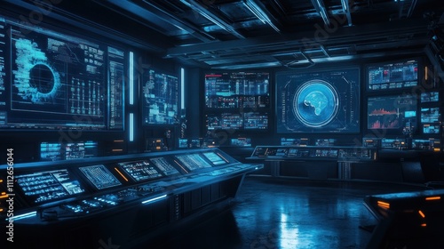 Wallpaper Mural Futuristic Control Room: High-Tech Monitoring Station Torontodigital.ca