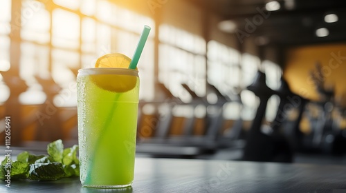 Refreshing Green Sports Drink, Lemon Slice, Mint, Gym Background. Post-Workout Hydration. photo