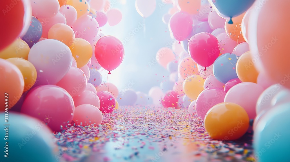 colorful balloons and confetti scattered around the edges. The scenery with an empty space creates a cheerful atmosphere colorful balloons and confetti scattered around the edges. The scenery with an empty space creates a cheerful atmosphere