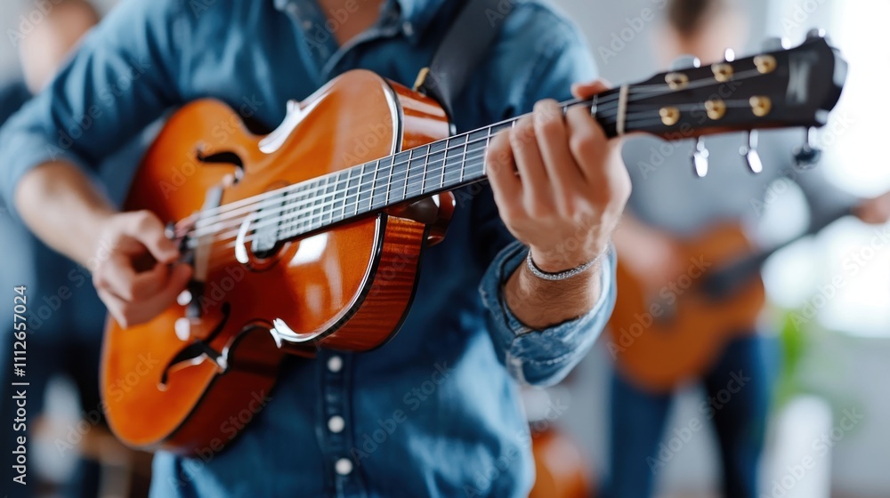 Fototapeta premium Musician Playing Guitar in Casual Setting with Focus on Instrument and Passionate Performance