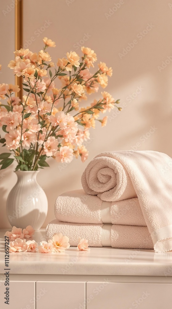 Bath towel set with fresh flowers in cozy bathroom, purity, relaxation session, softness Bath towel set with fresh flowers in cozy bathroom, purity, relaxation session, softness