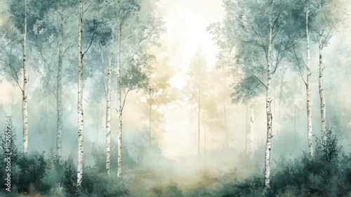 Fototapeta Naklejka Na Ścianę i Meble -  watercolor forest scene with slender birch trees and soft green foliage, fading into a misty white sky