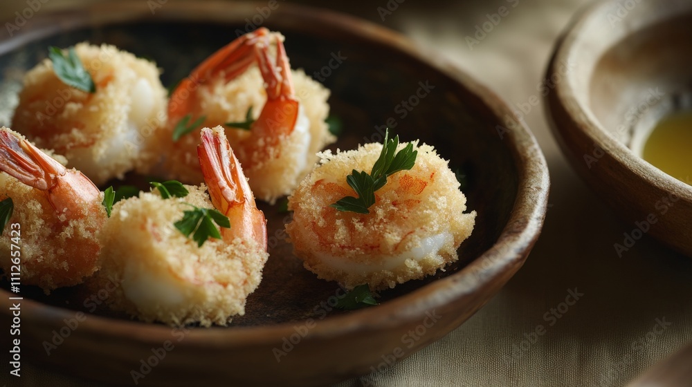 Fried Shrimp Garnished with Fresh Parsley in Rustic Setting Fried Shrimp Garnished with Fresh Parsley in Rustic Setting