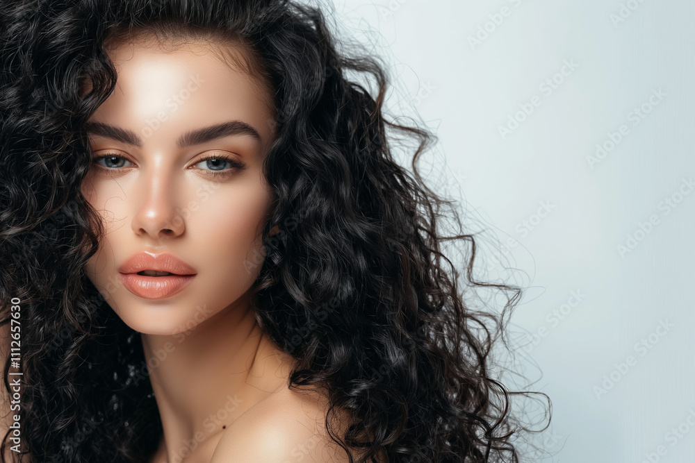 Naklejka premium Young beautiful woman with clear skin and black curly hair. Studio portrait. Beauty, skincare, and hair care concept, isolated on a white background with copy space.