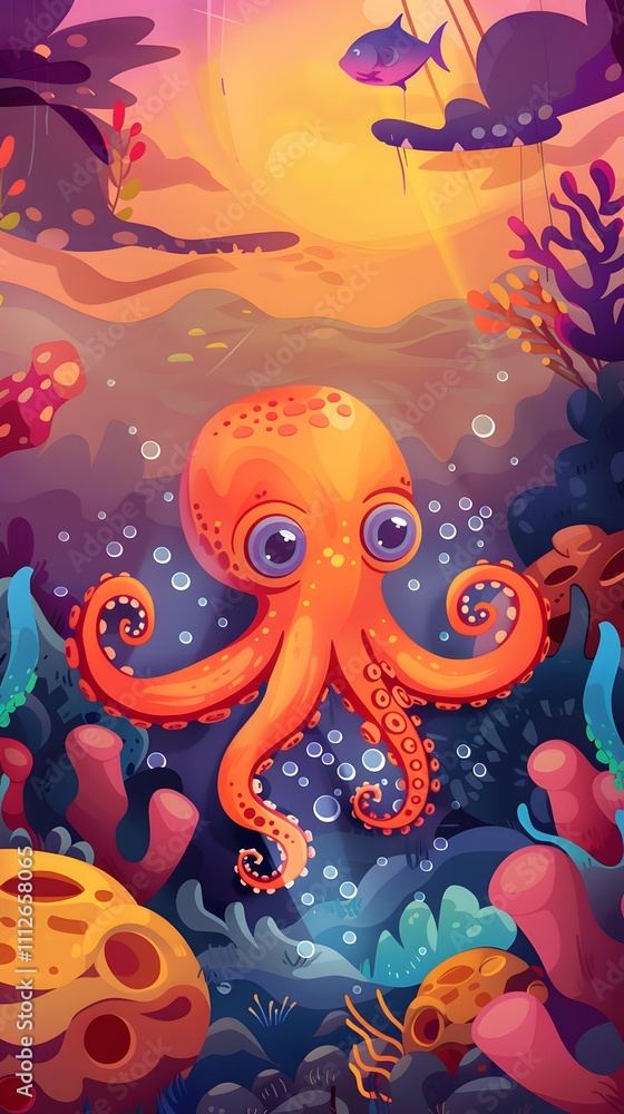 Octopus and beautiful underwater scenery, Underwater Scene with Incredible Commotion of an Octopus Octopus and beautiful underwater scenery, Underwater Scene with Incredible Commotion of an Octopus