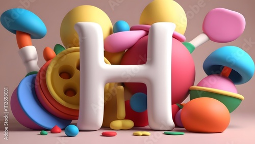 3D Render of the Letter 'H' Surrounded by Playful, Colorful Objects with Clay-Like Texture photo