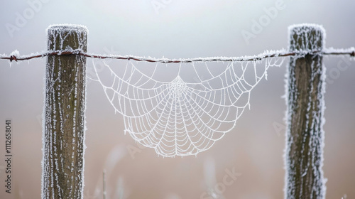 A frosted cobweb hanging delicately between two fence posts, with a blurred gray background photo