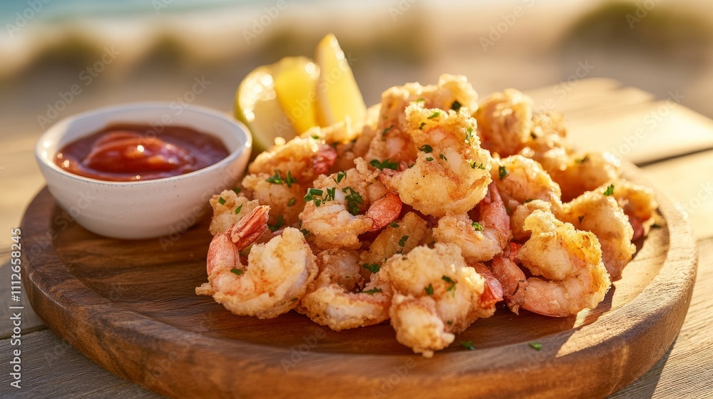 Fried Shrimp Platter with Cocktail Sauce and Lemon Wedges Fried Shrimp Platter with Cocktail Sauce and Lemon Wedges