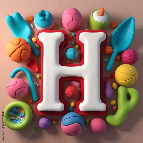 3D Render of the Letter 'H' Surrounded by Playful, Colorful Objects with Clay-Like Texture photo