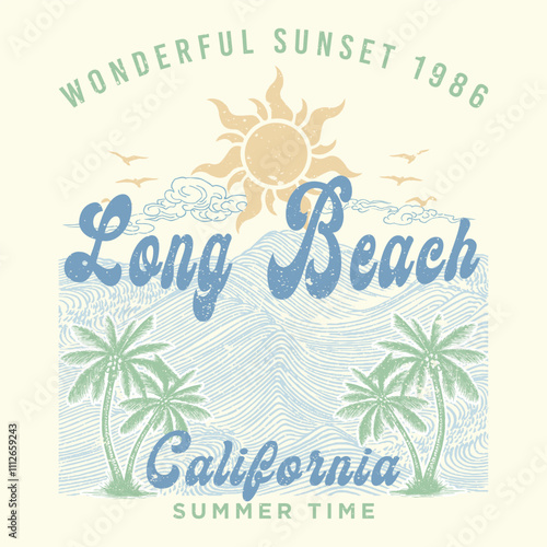 long beach california summer time, summer beach sunshine vector print design artwork, Beach vibes print design. Hand sketch vector design. Big wave artwork. Beach wave t-shirt prints and other.