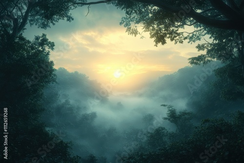 Serene sunrise over a misty forest landscape.