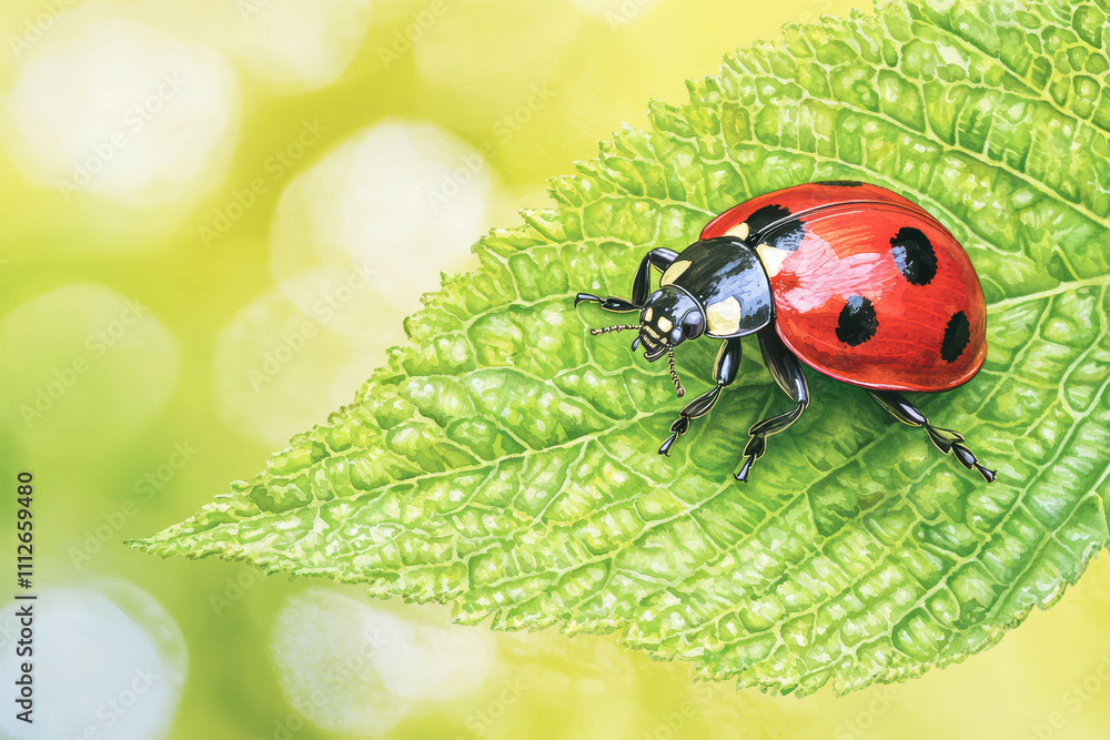 Fototapeta premium vibrant ladybug perched on lush green leaf, showcasing its striking red and black colors against soft, blurred background