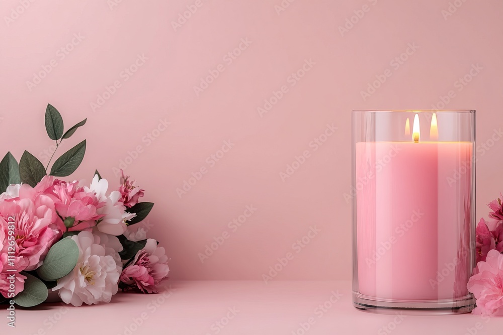 Soft Peony Candles on a Marble Table for Valentine’s Day. A serene arrangement featuring a lit pink candle beside soft pink flowers on a pastel pink background Soft Peony Candles on a Marble Table for Valentine’s Day. A serene arrangement featuring a lit pink candle beside soft pink flowers on a pastel pink background