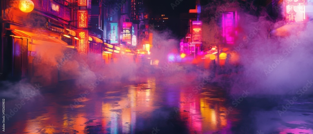 Neon-lit urban street shrouded in mist at night. Neon-lit urban street shrouded in mist at night.