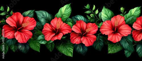 Vibrant red hibiscus flowers with lush green leaves create stunning floral arrangement. This beautiful design showcases rich colors and intricate details of nature