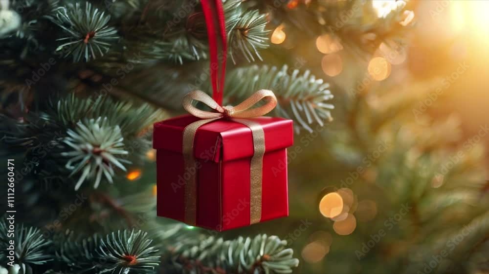 Cinematic Close-Up of a Red Gift Box Hanging on a Christmas Tree with Blurred Lights in the Background Cinematic Close-Up of a Red Gift Box Hanging on a Christmas Tree with Blurred Lights in the Background