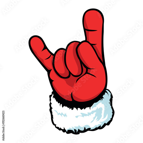 Santa Claus hand showing rock and roll goat sign. Christmas poster template design, concert poster or greeting card. Vector on transparent background