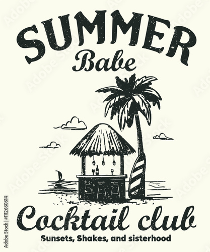 Summer Babe Cocktail Club Vintage Summer Cocktail T shirt Design, Beach Paradise Print T-shirt Graphics Design, typography slogan on palm trees background, Party poster design. Drinks.