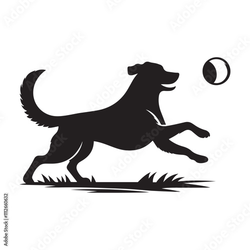 Dog playing fetch silhouette vector art black color design and solid white background