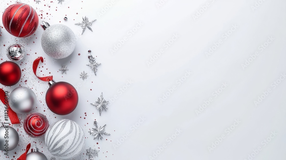 Christmas red silver decorations balls New Year on white background Christmas red silver decorations balls New Year on white background