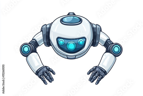 Cartoon robot design with blue accents, featuring round body and articulated arms. This playful robot is perfect for tech themed projects photo