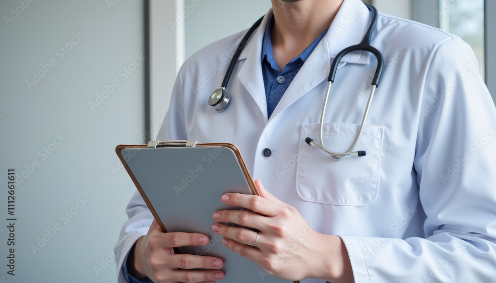 Medical professional in a white coat holding a clipboard and preparing for patient consultation in a modern healthcare setting Medical professional in a white coat holding a clipboard and preparing for patient consultation in a modern healthcare setting