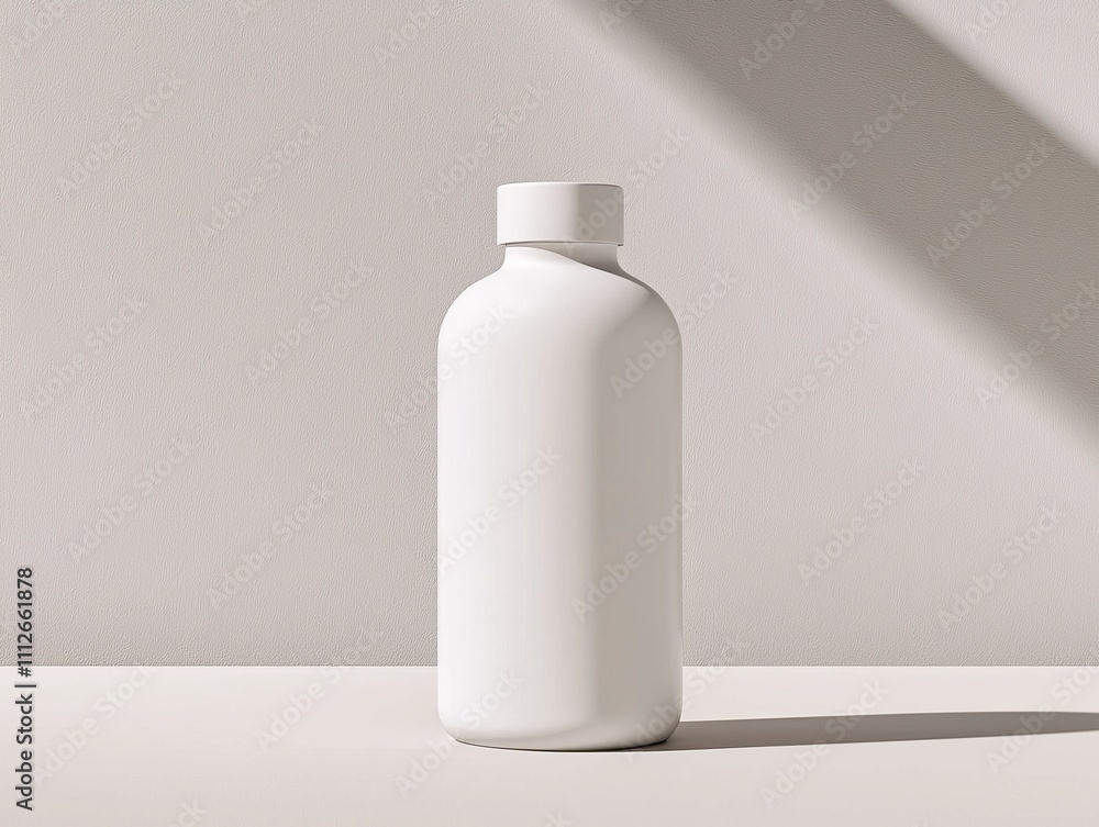 Minimal Monochrome Bottle Designs. A minimalistic white bottle stands against a textured wall, casting a soft shadow on a clean surface, emphasizing simplicity and modern design. Minimal Monochrome Bottle Designs. A minimalistic white bottle stands against a textured wall, casting a soft shadow on a clean surface, emphasizing simplicity and modern design.