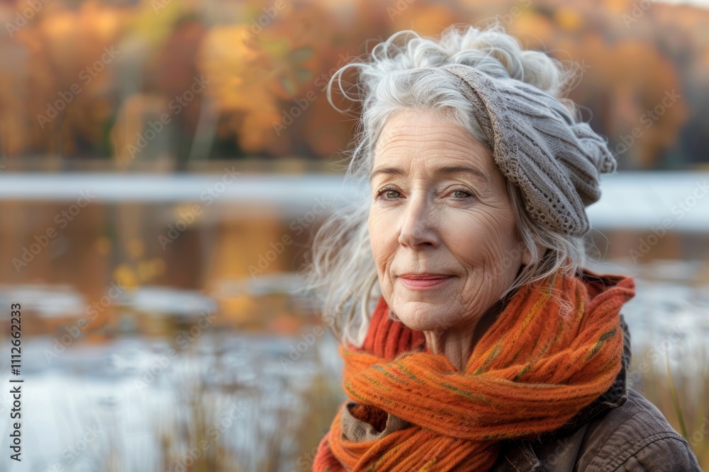 Portrait of a content caucasian woman in her 70s wearing a versatile buff isolated on serene lakeside view Portrait of a content caucasian woman in her 70s wearing a versatile buff isolated on serene lakeside view