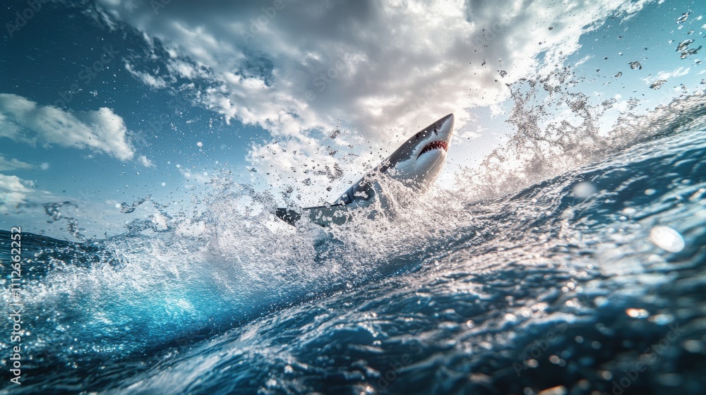 Obraz premium Majestic Great White Shark Breaching Through Ocean Waves Beneath Dramatic Sky, Capturing the Power and Beauty of Nature's Marine Life